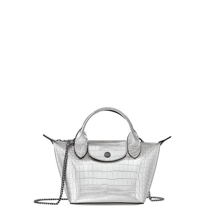 Longchamp Le Pliage Cuir Croco Silver Top Handle Bag XS